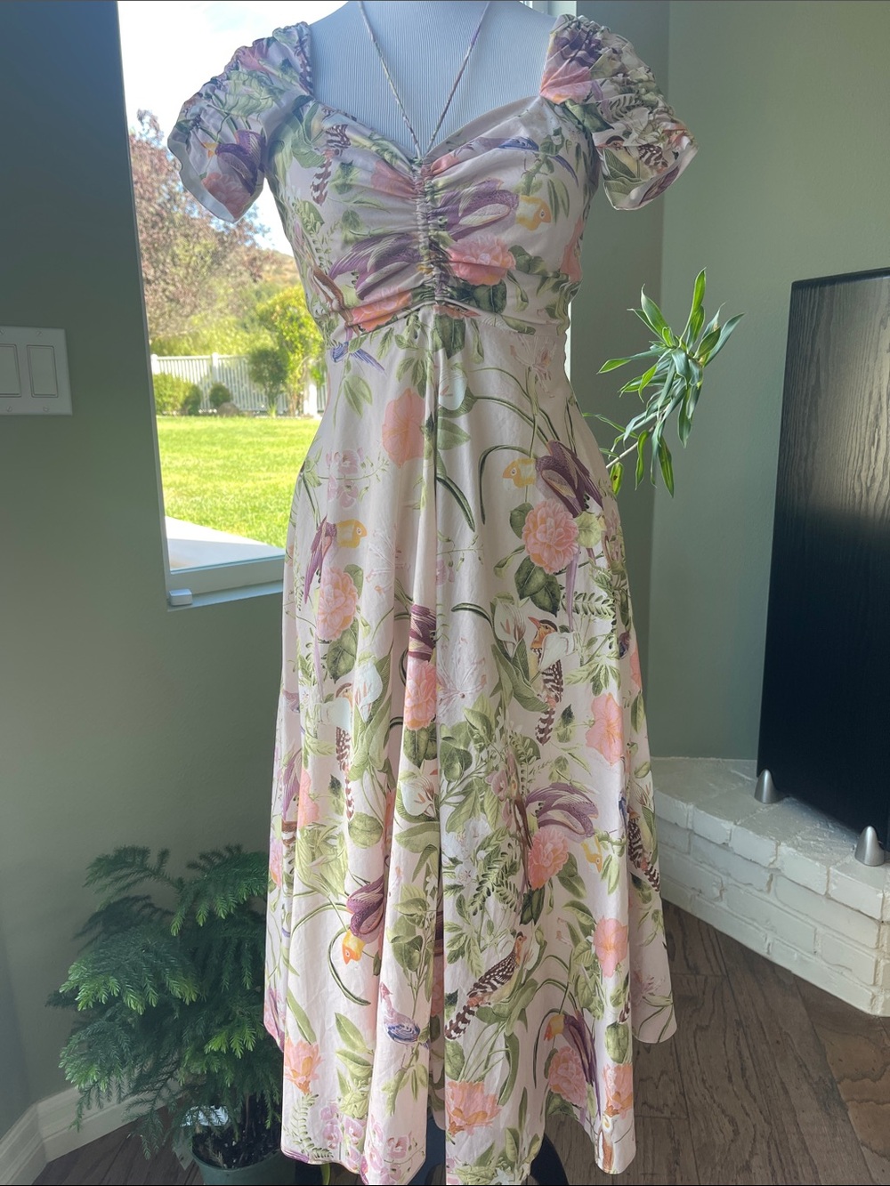 Cara Cara Size 2 Floral Botanical Bird Print Midi Dress Puff Sleeve Cottagecore